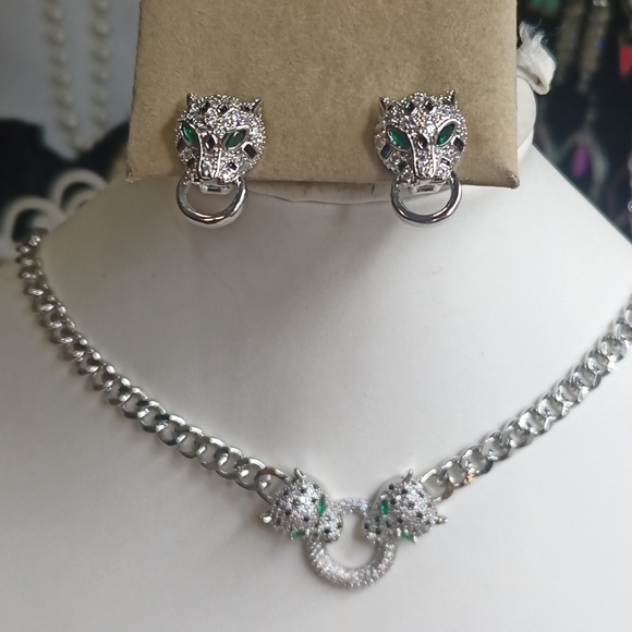 Chain 18K white gold over Stainless steel Leopard panther head necklace earrings - Picture 1 of 8